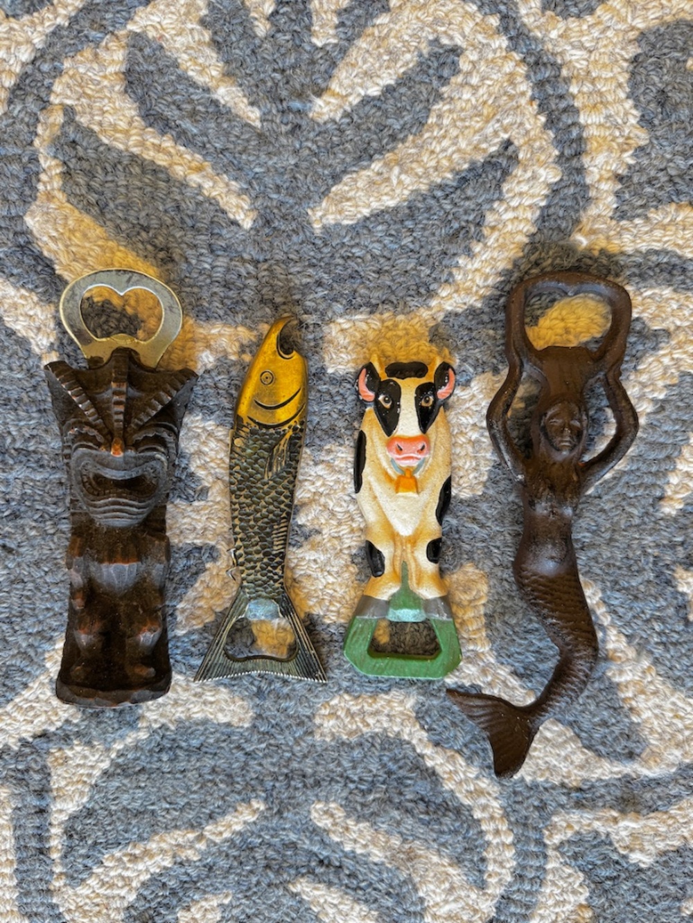 Vintage Brass Fish Gesch Germany Corkscrew + 3 Bottle Openers LOT